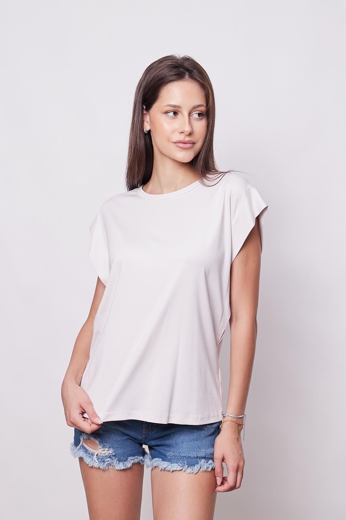 Şık Likralı Span Kumaş Kolsuz Geniş Sıfır Yaka Düşük Omuzlu Basic Tshirt Bluz-Şampaya