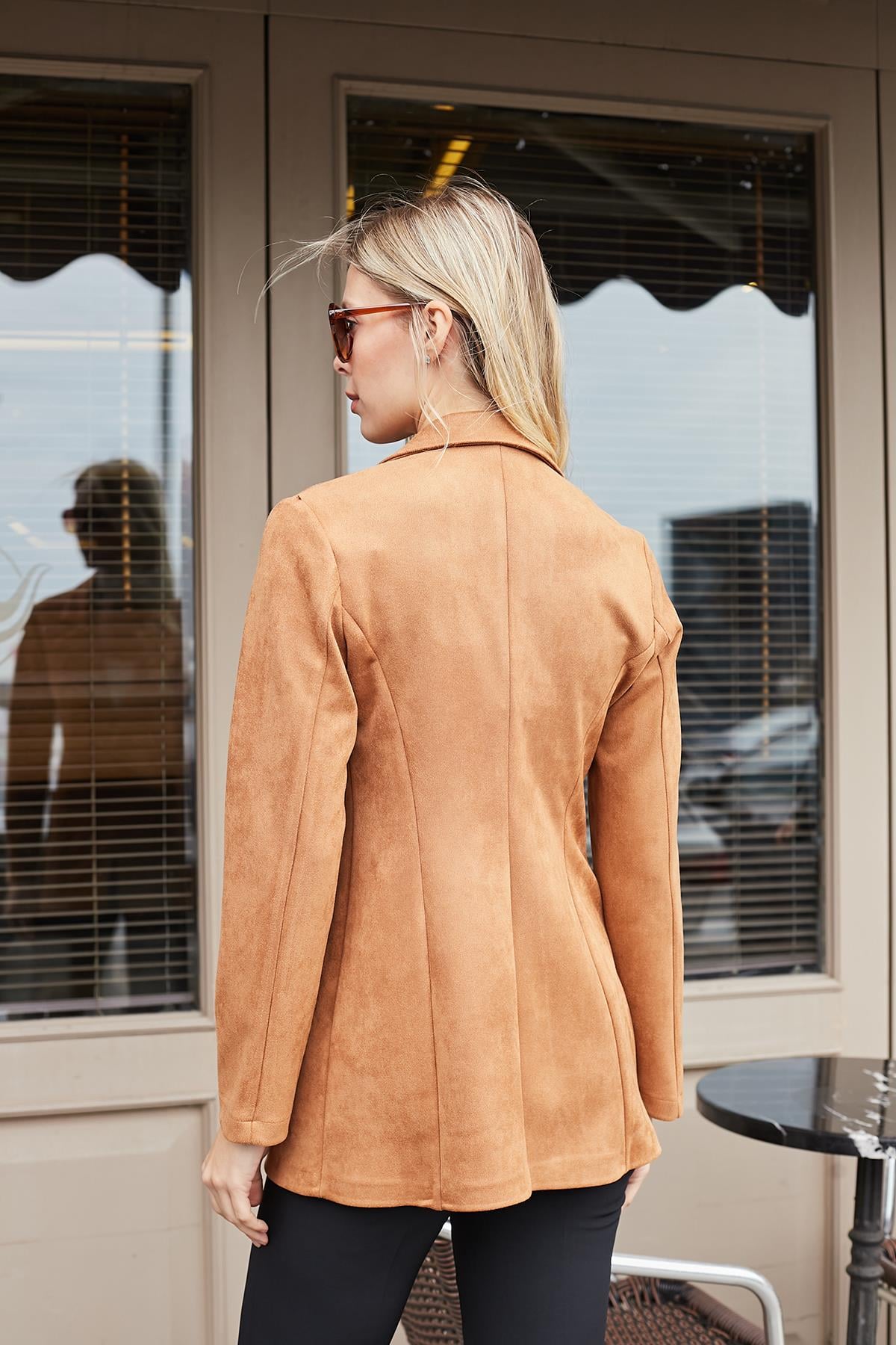 Süet Kumaş Cep Detaylı Düğmeli Şık Blazer Ceket-Camel