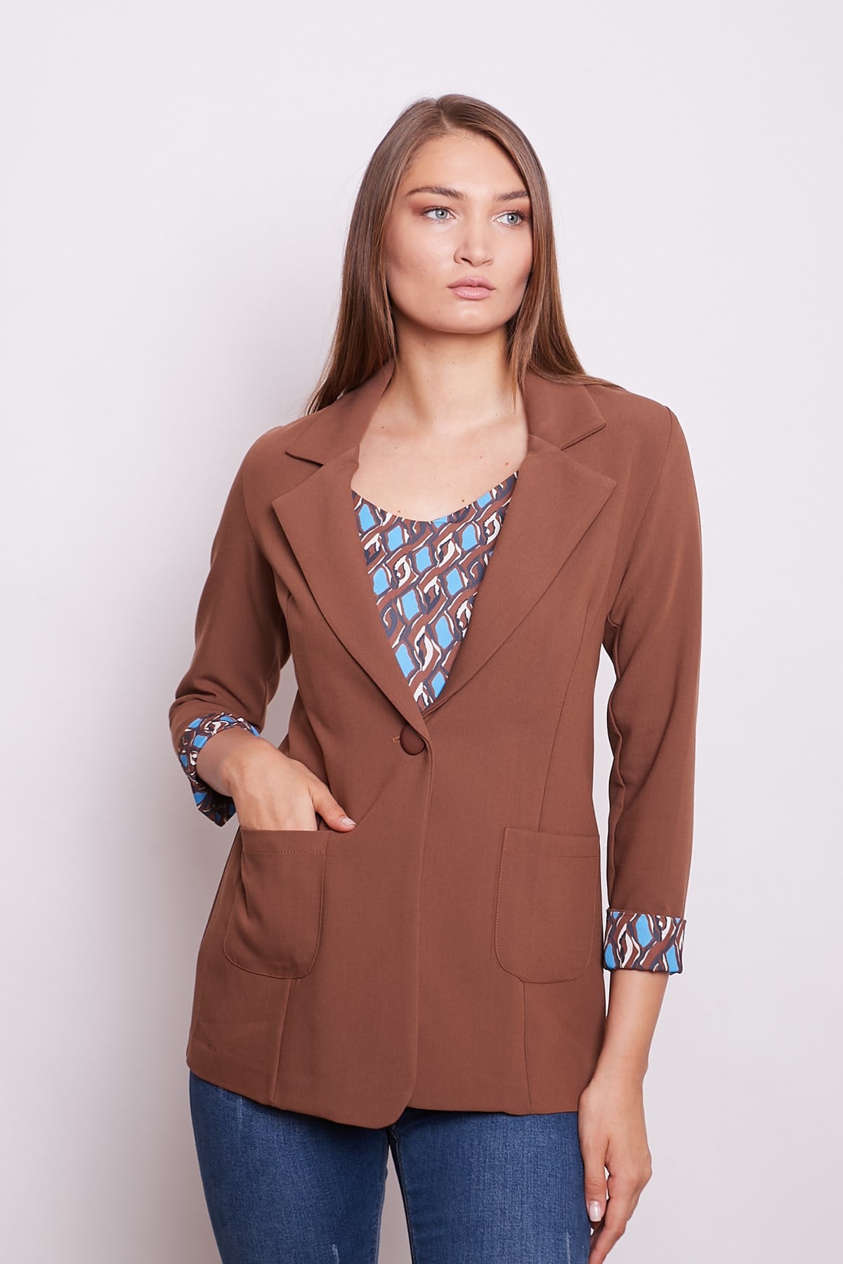 Yakalı Cepli Uzun Kol Katlamalı Blazer Kumaş Ceket - Taba