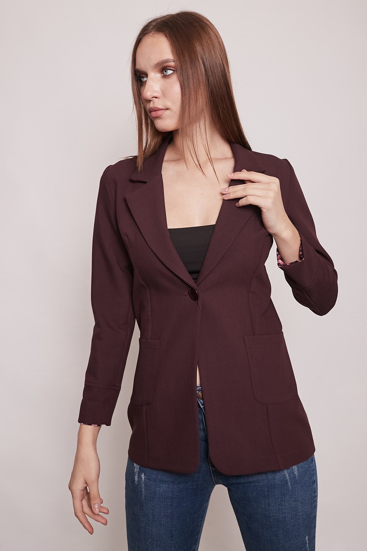 Yakalı Cepli Uzun Kol Katlamalı Blazer Kumaş Ceket-Mürdüm