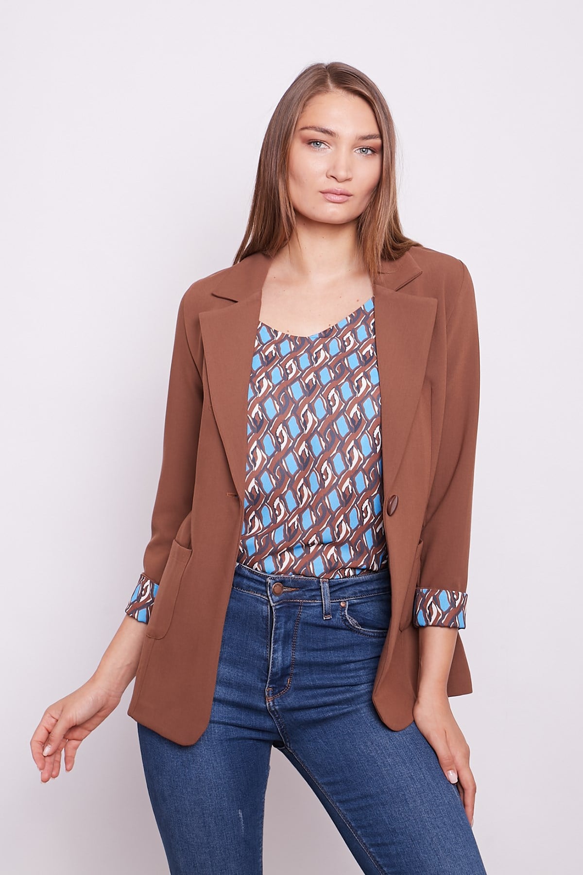 Yakalı Cepli Uzun Kol Katlamalı Blazer Kumaş Ceket - Taba