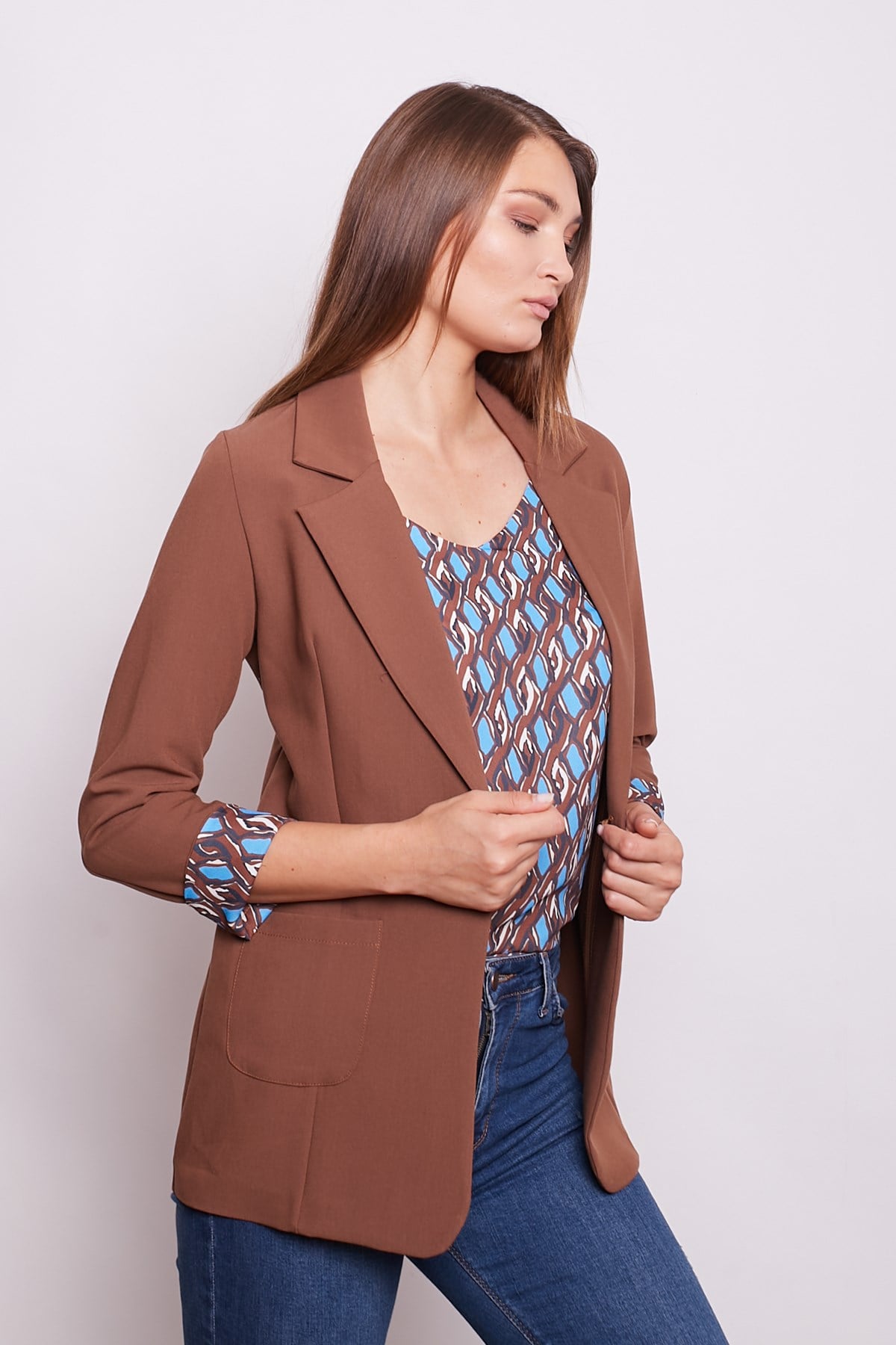 Yakalı Cepli Uzun Kol Katlamalı Blazer Kumaş Ceket - Taba