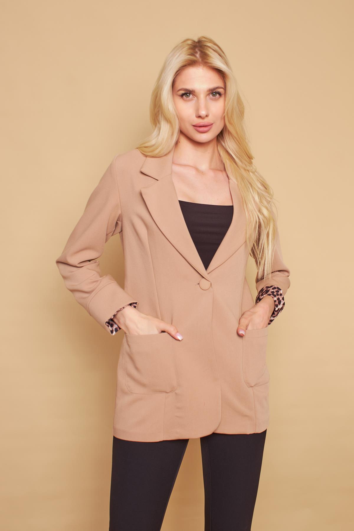 Yakalı Cepli Uzun Kol Katlamalı Blazer Kumaş Ceket-Bej