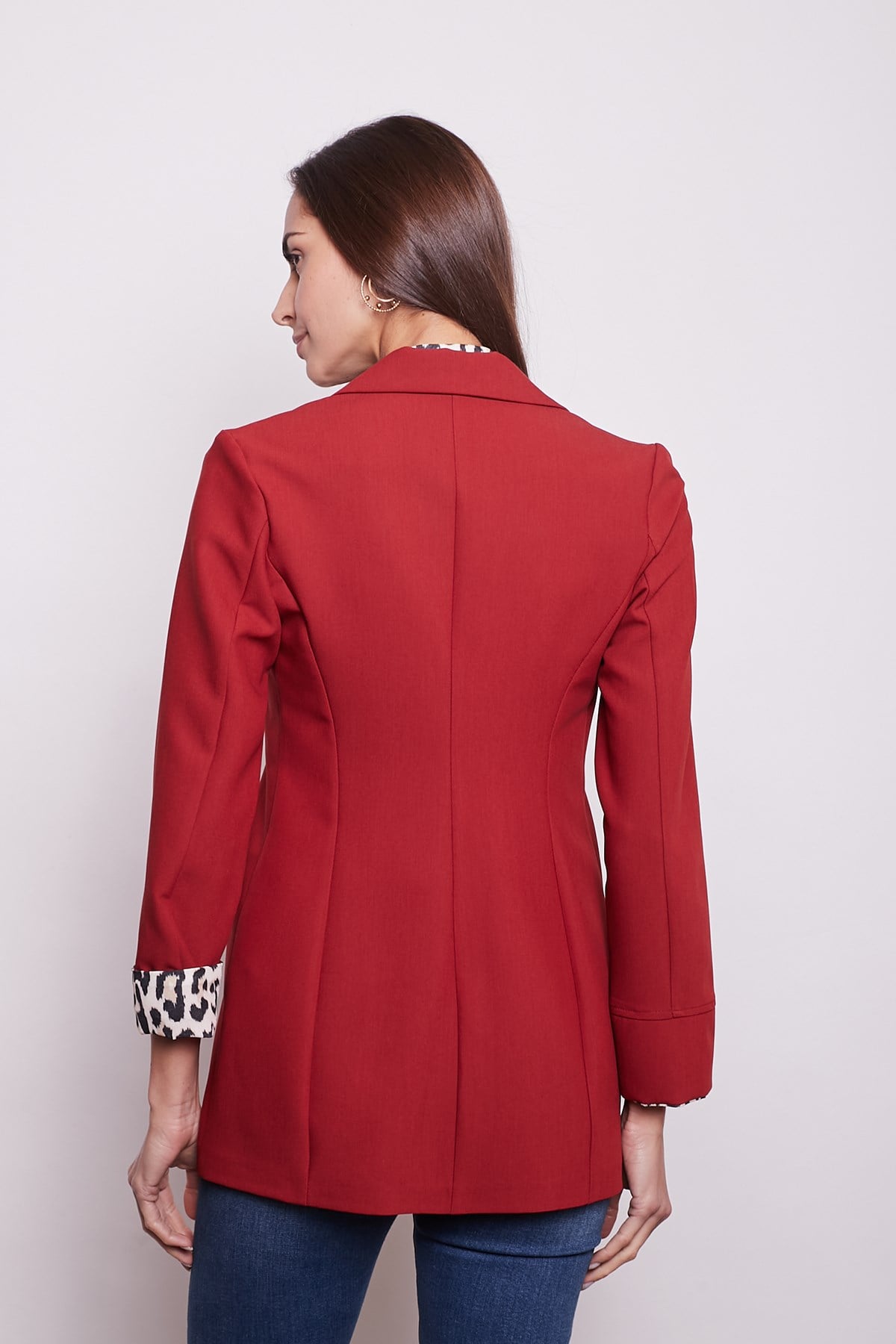 Yakalı Cepli Uzun Kol Kolu İsterse Katlanabilen Kumaş Blazer Ofis Ceket-Kiremit 