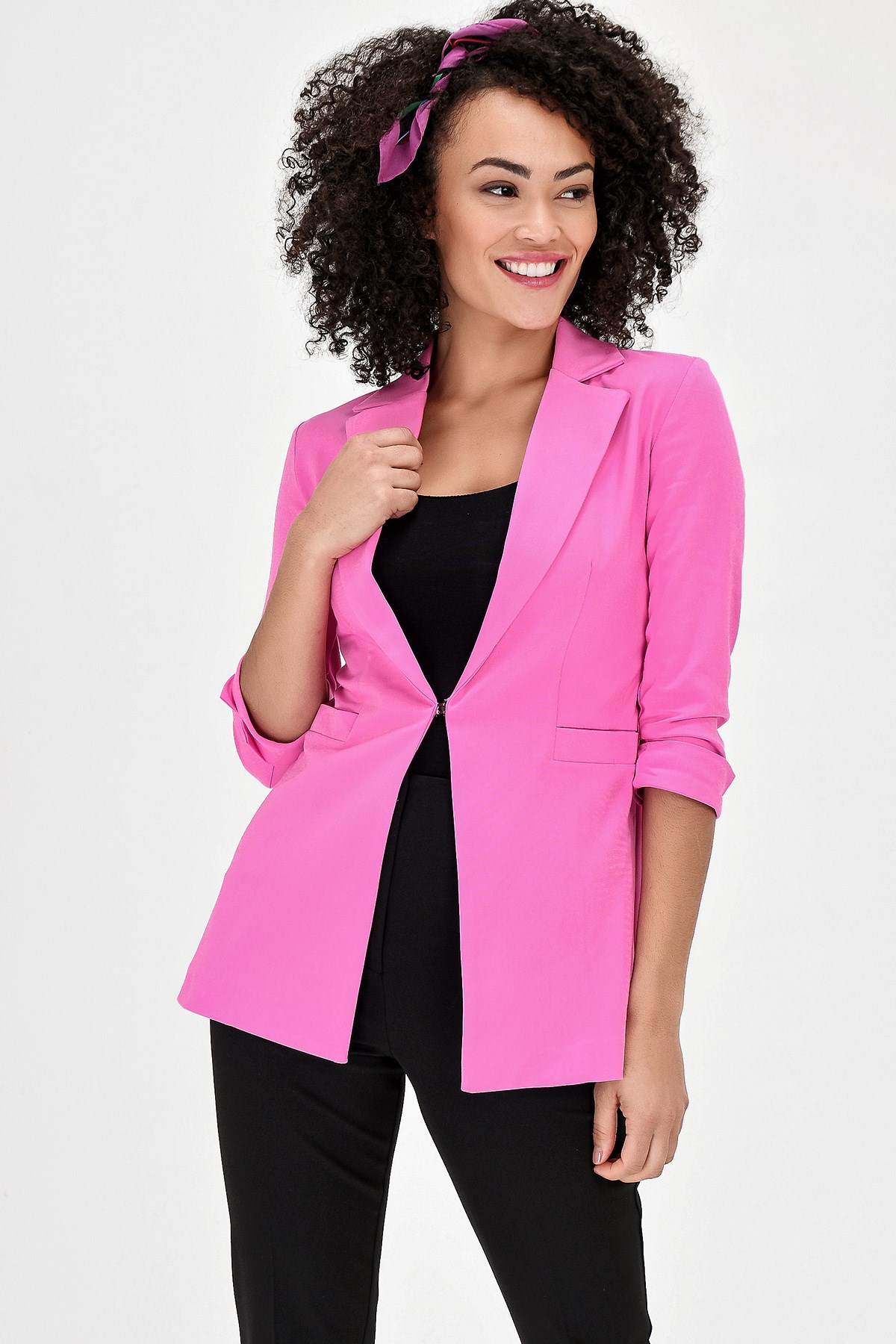 Kapri Truvakar Kol Süs Cepli Kopçalı Ofis Blazer Kumaş Ceket-Pembe