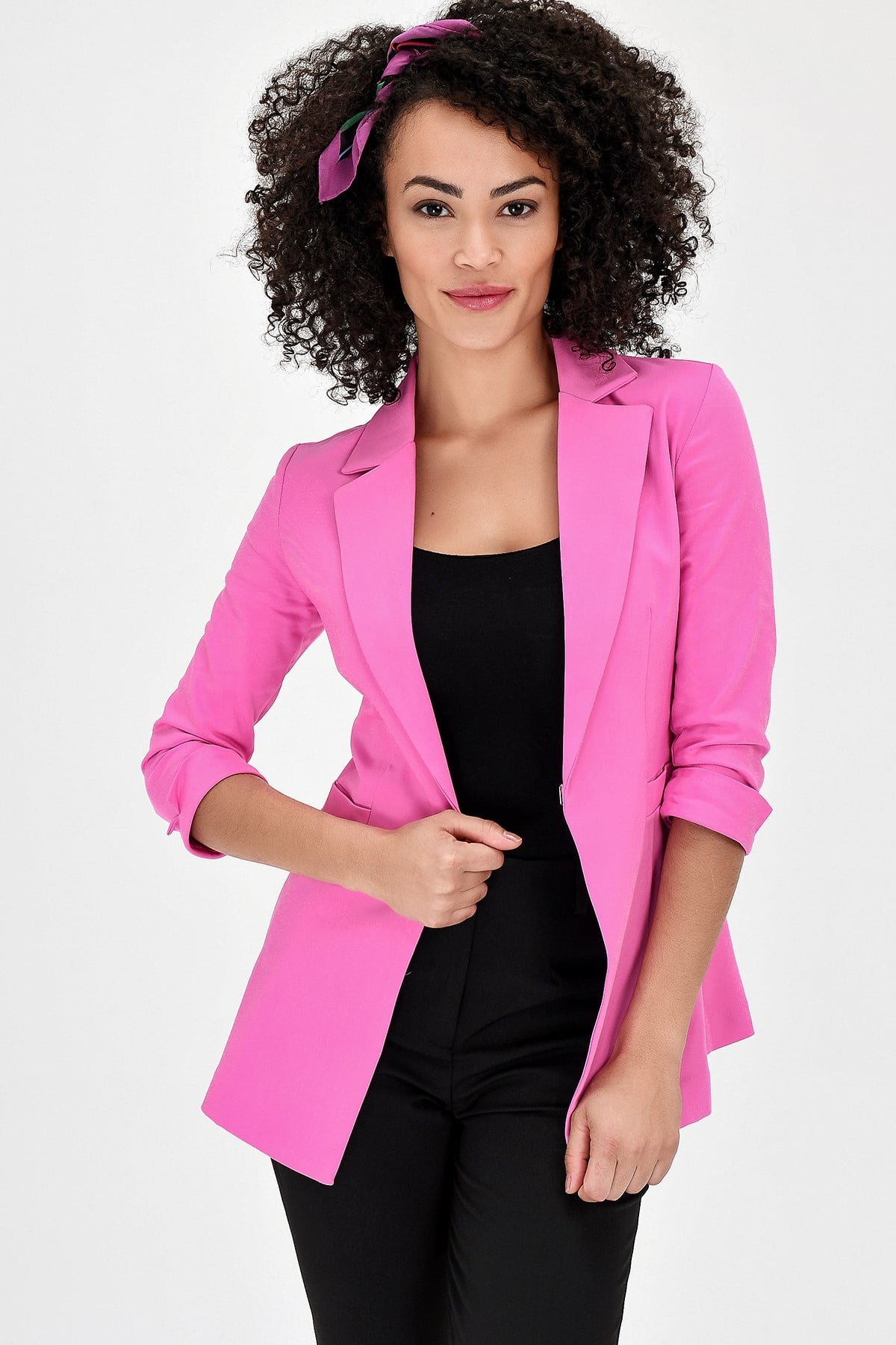 Kapri Truvakar Kol Süs Cepli Kopçalı Ofis Blazer Kumaş Ceket-Pembe