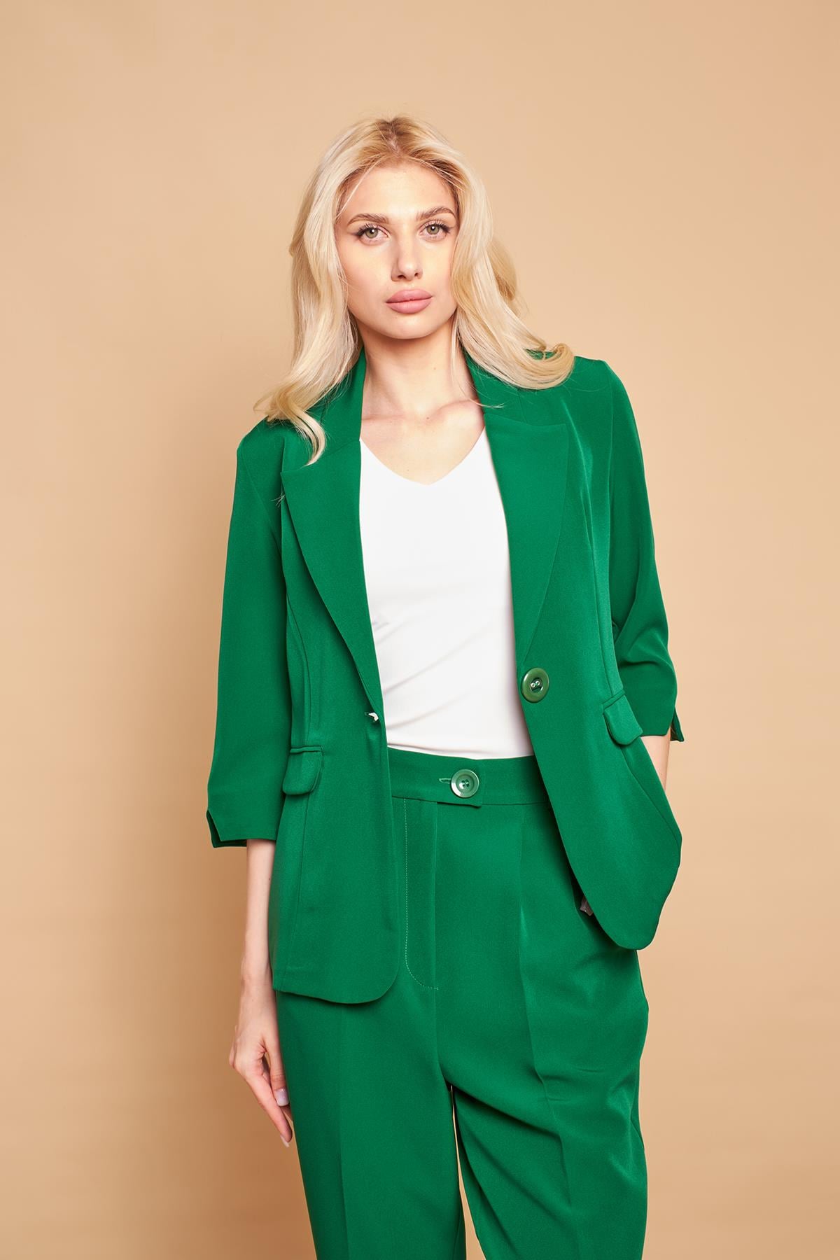 Yakalı Tek Düğmeli Kapri Kollu Kolu Yırtmaçlı Hafif Likralı Kumaş Blazer Ofis Ceket-B.Yeşil