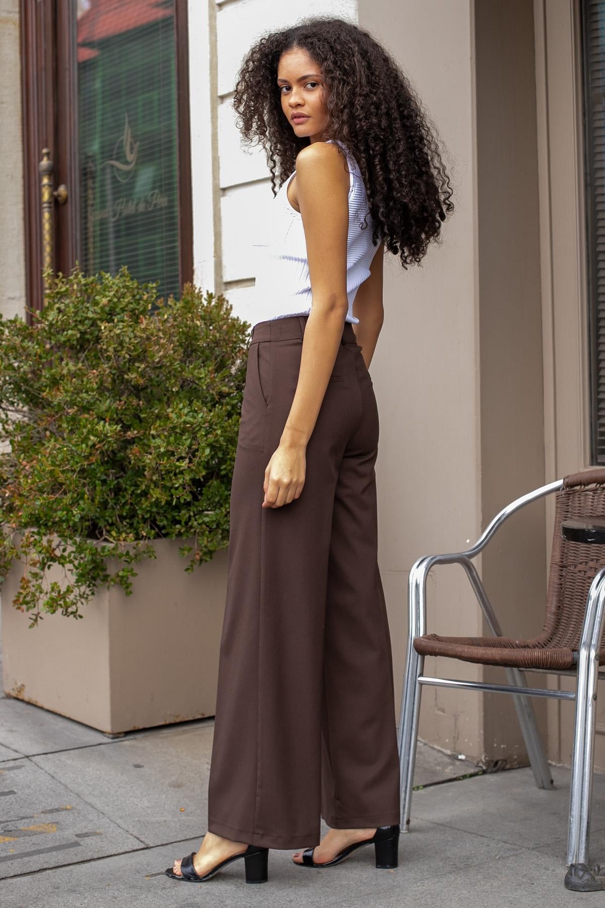 Yüksek Bel Yan Cepli Bol Paça Hafif Esnek Dokuma Kumaş Palazzo Pantolon-Kahve 