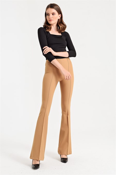 Yüksek Bel Ön Arka Dikişli İspanyol Paça Tayt Likralı Kumaş Pantolon-Camel