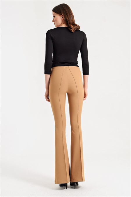 Yüksek Bel Ön Arka Dikişli İspanyol Paça Tayt Likralı Kumaş Pantolon-Camel