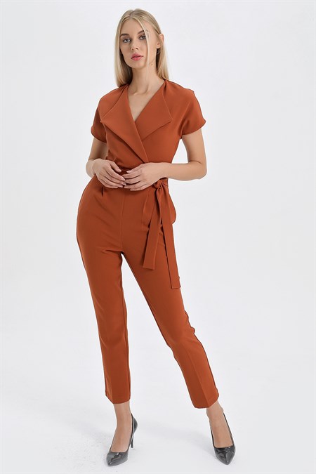 Şal Yaka Düşük Omuzlu Bağcıklı Bilek Boy Tulum