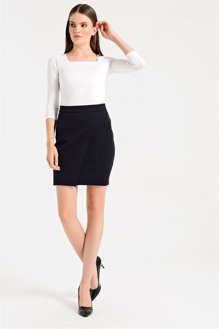 Yüksek Bel Anvelop Kruvaze Hafif Likralı Kumaş Kalem Ofis Etek-Siyah 