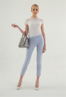 Kalın Kemerli D Tokalı Likralı Bilek Boy Kumaş Pantolon-Mavi