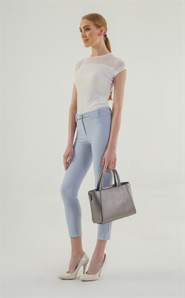 Kalın Kemerli D Tokalı Likralı Bilek Boy Kumaş Pantolon-Mavi