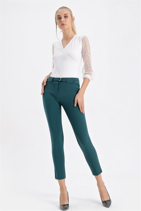 Kalın Kemerli D Tokalı Likralı Bilek Boy Kumaş Pantolon -Camel 