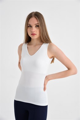 V Yaka Kolsuz Şık Likralı Body--Krem