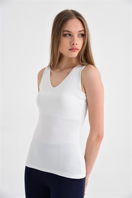 V Yaka Kolsuz Şık Likralı Body--Krem