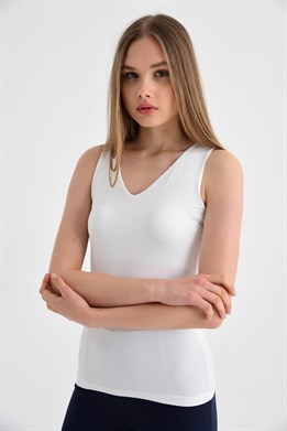 V Yaka Kolsuz Şık Likralı Body--Krem