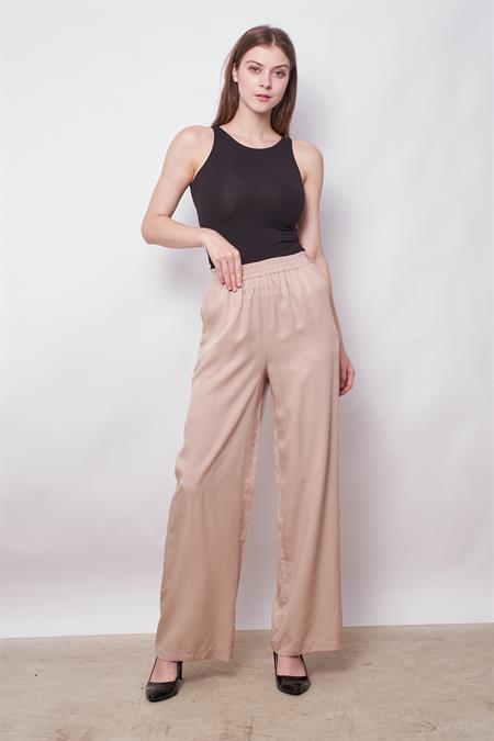 %100  Iyocell Akıcı Şık Kumaş Yüksek Bel Beli Lastikli Yan Cepli Bol Paça Pantolon -Taş 