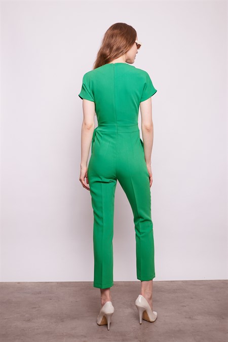 Şal Yaka Düşük Omuzlu Bağcıklı Bilek Boy Şık Pamuklu Likralı Kumaş Tulum-B.Yeşili