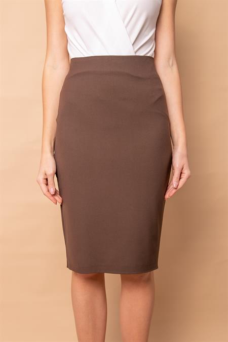 Astarlı Yüksek Bel Diz Altı Hafif Likralı Yırtmaçlı Kumaş Ofis Kalem Etek-Kahve 