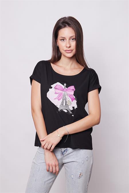 Baskılı Kayık Yaka Kırışmaz Span Karışımlı Şık Düşük Omuzlu Duble Kol Bluz -Siyah Eyfel Kulesi Baskılı