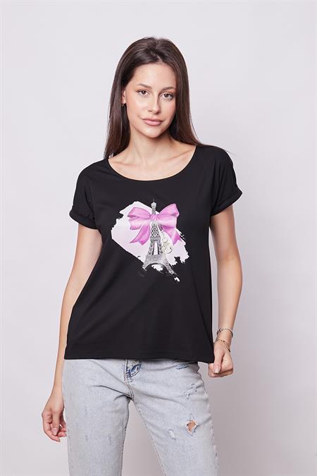 Baskılı Kayık Yaka Kırışmaz Span Karışımlı Şık Düşük Omuzlu Duble Kol Bluz -Siyah Eyfel Kulesi Baskılı
