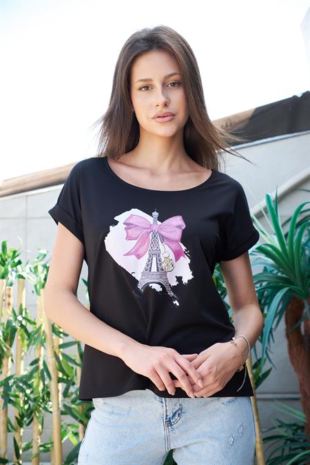 Baskılı Kayık Yaka Kırışmaz Span Karışımlı Şık Düşük Omuzlu Duble Kol Bluz -Siyah Eyfel Kulesi Baskılı