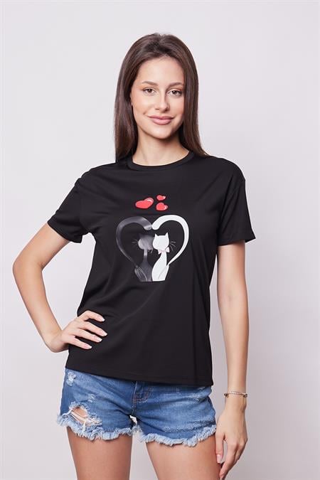Baskılı Sıfır Yaka Kırışmaz Span Karışımlı Şık Kısa Kol T-shirt Bluz- Siyah Kedi Kalp Desenli 