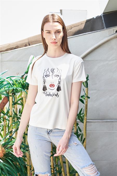 Baskılı Sıfır Yaka Kırışmaz Span Karışımlı Şık Kısa Kol T-shirt Bluz-Kız Baskılı