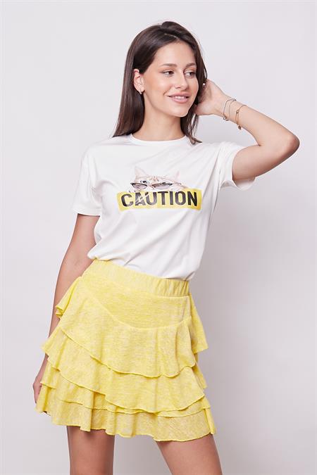 Baskılı Sıfır Yaka Kırışmaz Span Karışımlı Şık Kısa Kol T-shirt Bluz-Gözlük Baskılı Desen 