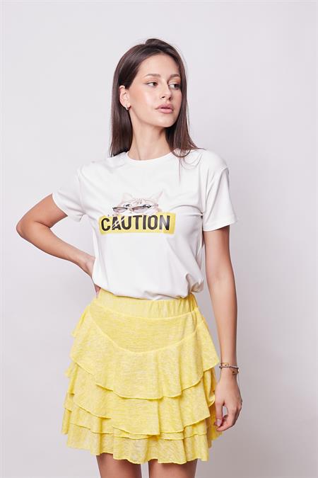 Baskılı Sıfır Yaka Kırışmaz Span Karışımlı Şık Kısa Kol T-shirt Bluz-Gözlük Baskılı Desen 