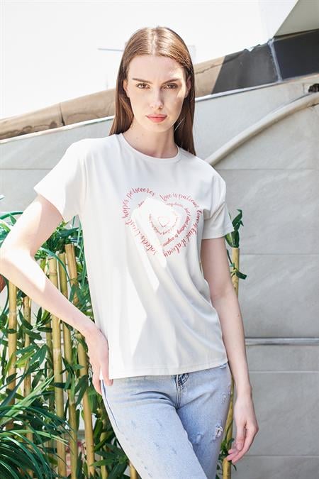 Baskılı Sıfır Yaka Kırışmaz Span Karışımlı Şık Kısa Kol T-shirt Bluz-Kalp Baskılı