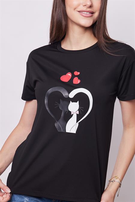 Baskılı Sıfır Yaka Kırışmaz Span Karışımlı Şık Kısa Kol T-shirt Bluz- Siyah Kedi Kalp Desenli 