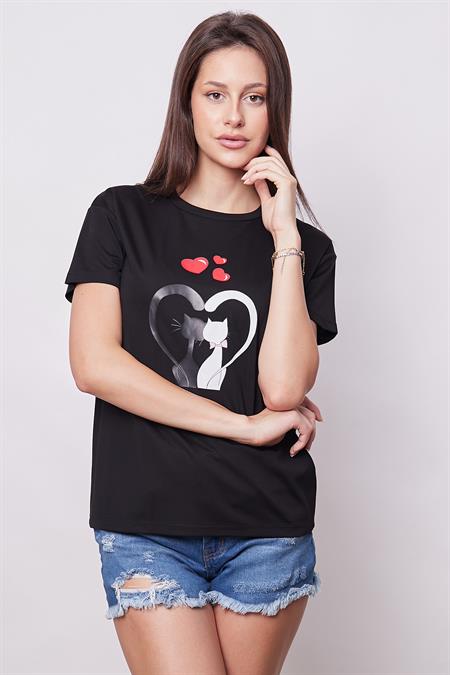 Baskılı Sıfır Yaka Kırışmaz Span Karışımlı Şık Kısa Kol T-shirt Bluz- Siyah Kedi Kalp Desenli 