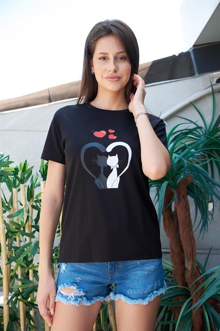 Baskılı Sıfır Yaka Kırışmaz Span Karışımlı Şık Kısa Kol T-shirt Bluz- Siyah Kedi Kalp Desenli 