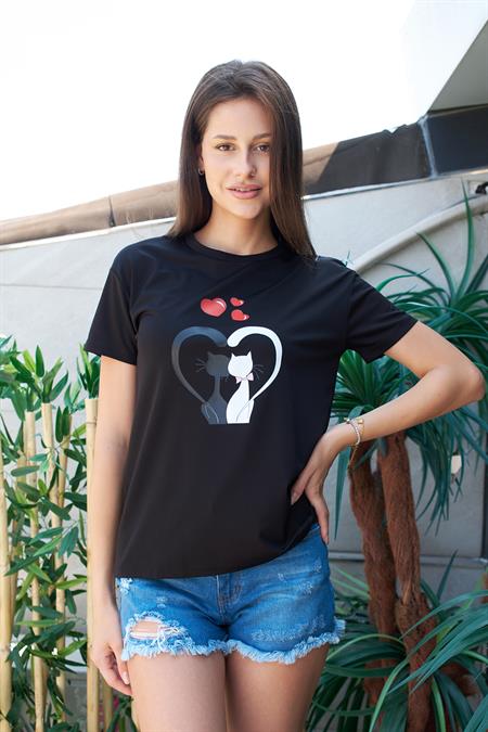 Baskılı Sıfır Yaka Kırışmaz Span Karışımlı Şık Kısa Kol T-shirt Bluz- Siyah Kedi Kalp Desenli 