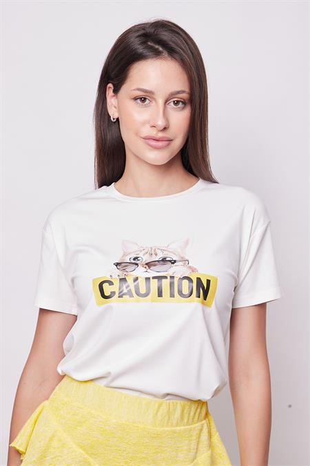 Baskılı Sıfır Yaka Kırışmaz Span Karışımlı Şık Kısa Kol T-shirt Bluz-Gözlük Baskılı Desen 