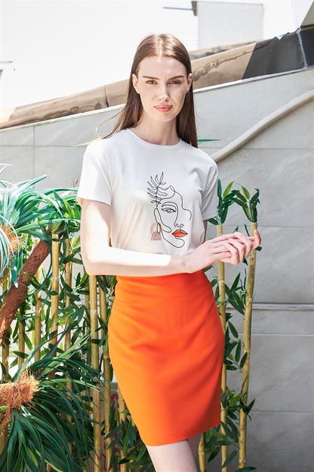 Baskılı Sıfır Yaka Kırışmaz Span Karışımlı Şık Kısa Kol T-shirt Bluz-Silüet Bakılı