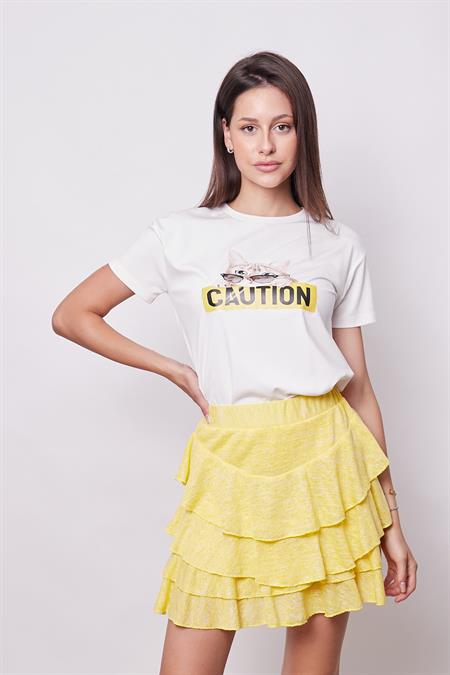 Baskılı Sıfır Yaka Kırışmaz Span Karışımlı Şık Kısa Kol T-shirt Bluz-Gözlük Baskılı Desen 