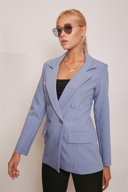 Kadın Düğme Detaylı Uzun Kol Şık Ofis Süs Cep Kapaklı Kumaş Blazer Ceket-Dirty Blue