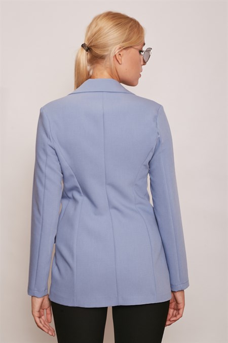 Kadın Düğme Detaylı Uzun Kol Şık Ofis Süs Cep Kapaklı Kumaş Blazer Ceket-Dirty Blue