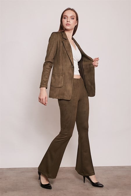 Süet Kumaş Cep Detaylı Düğmeli Şık Blazer Ceket-Haki