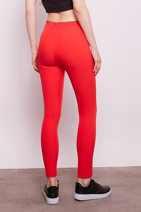 Power Strech Likralı Dar Kesim Yüksek Bel Beli Lastikli Bilek Boy Kumaş Pantolon-Mercan