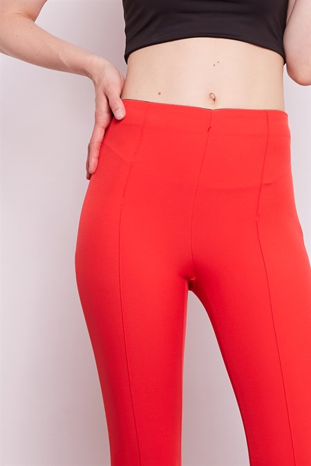 Power Strech Likralı Dar Kesim Yüksek Bel Beli Lastikli Bilek Boy Kumaş Pantolon-Mercan