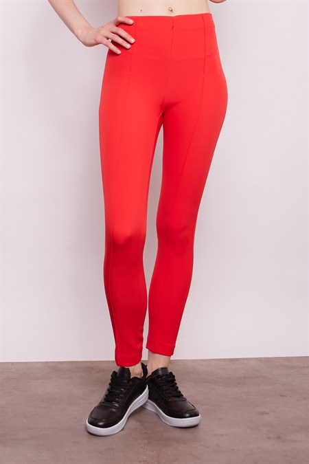 Power Strech Likralı Dar Kesim Yüksek Bel Beli Lastikli Bilek Boy Kumaş Pantolon-Mercan