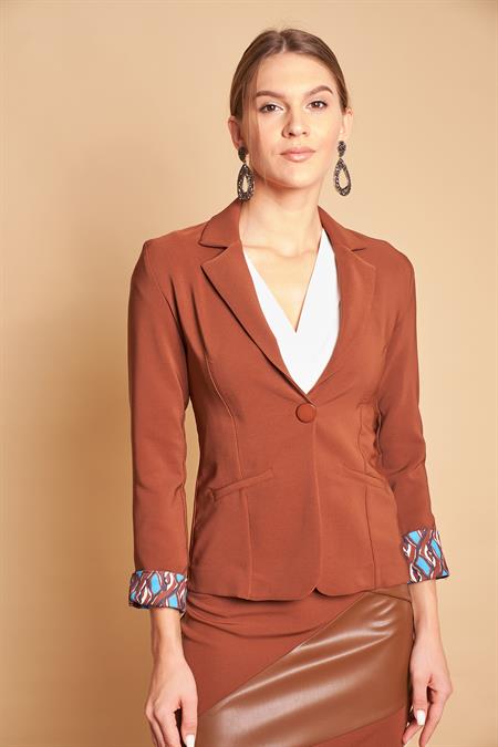 Yakalı Flato Cepli Kolu Duble Uzun Kol Ofis Şık Blazer Kumaş Ceket -Koyu Taba 