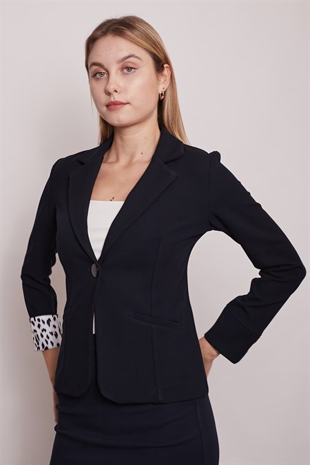 Yakalı Flato Cepli Kolu Duble Uzun Kol Ofis Şık Blazer Kumaş Ceket-Lacivert 