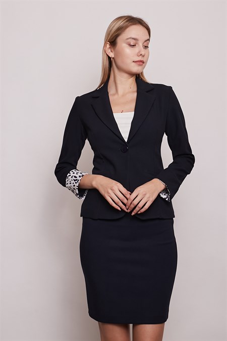 Yakalı Flato Cepli Kolu Duble Uzun Kol Ofis Şık Blazer Kumaş Ceket-Lacivert 