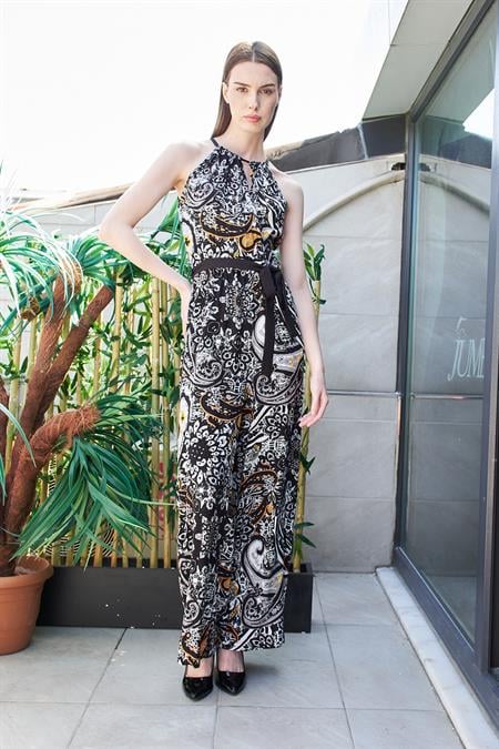 Desenli Vual Kruvaze Anvelop Derin Kolsuz Yakası Bağcıklı Bol Paça Tulum -Şal Desen 